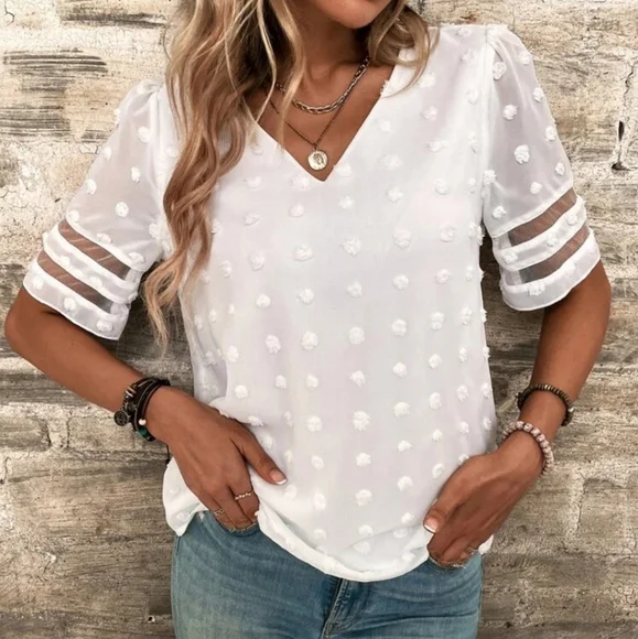 Swiss Dot Vneck Short Sleeve Blouse in White - Picture 3 of 7